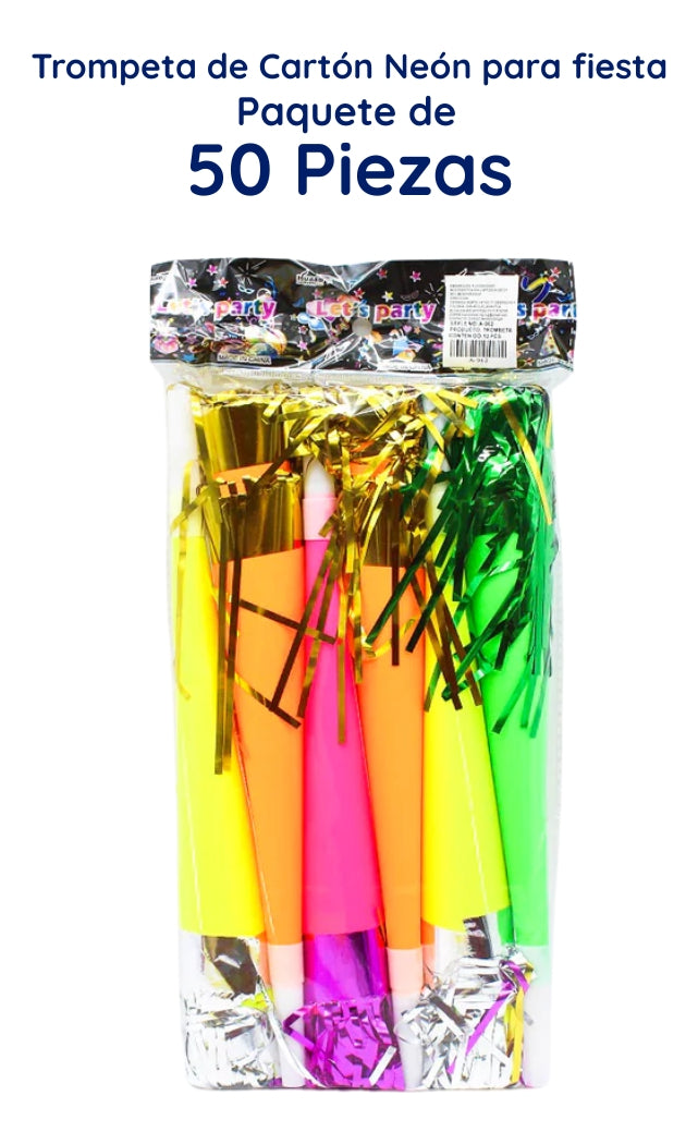 Trompetas Cornetas Silbato Fiesta 50 Pzas Neón
