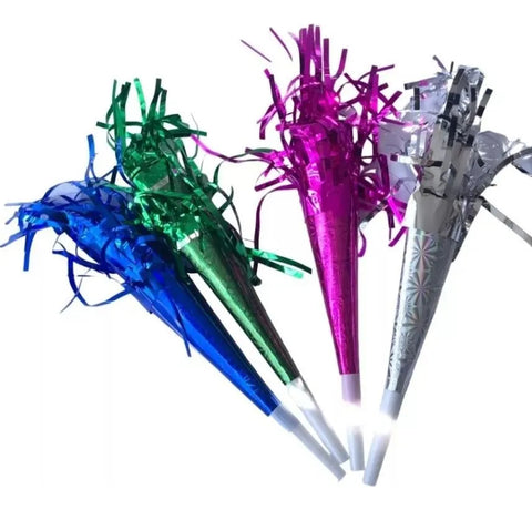 12 Pzas Trompetas Cornetas Silbato Colores Metálicos Fiesta