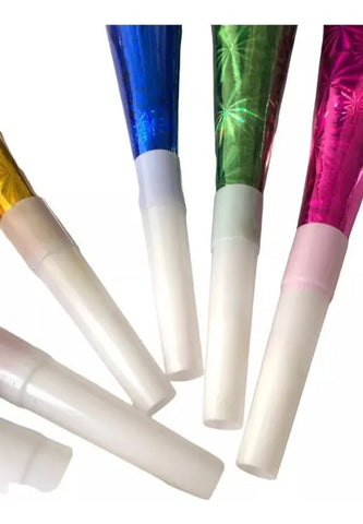 12 Pzas Trompetas Cornetas Silbato Colores Metálicos Fiesta