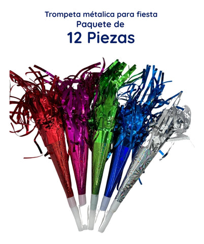12 Pzas Trompetas Cornetas Silbato Colores Metálicos Fiesta