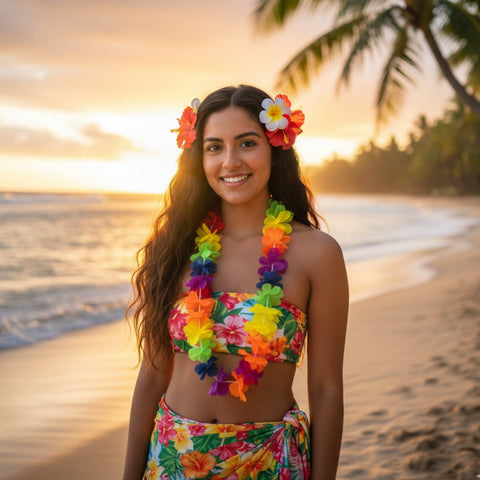 144 Pzs Collar Hawaiano De Flores Para Batucada Y Fiestas - Multicolor